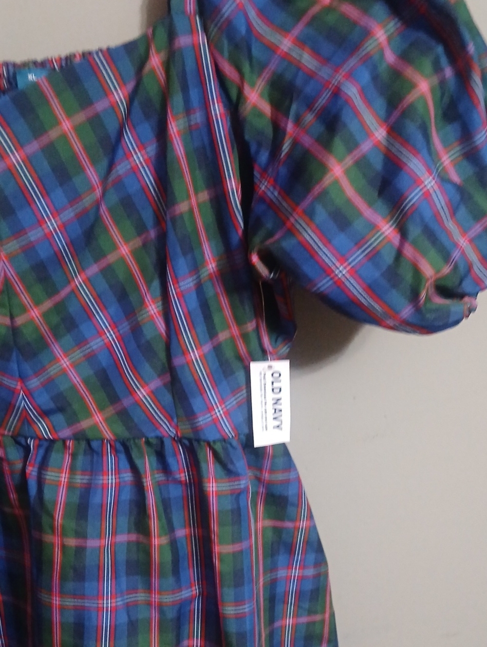 Old Navy Blue and Green Plaid Puff Sleeve Mini Dress - Picture 2 of 7